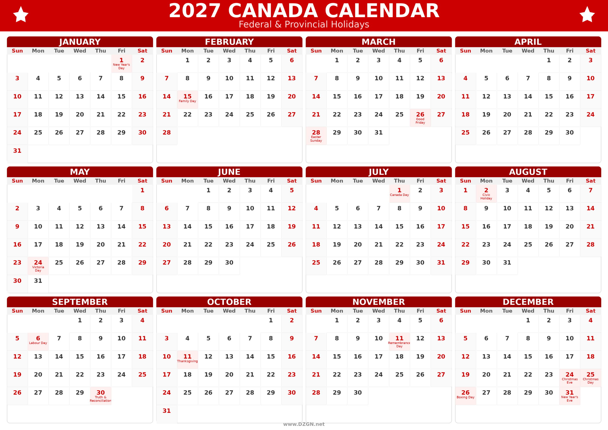 2027 Canada Calendar Printable