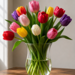 A vibrant tulip bouquet on wood