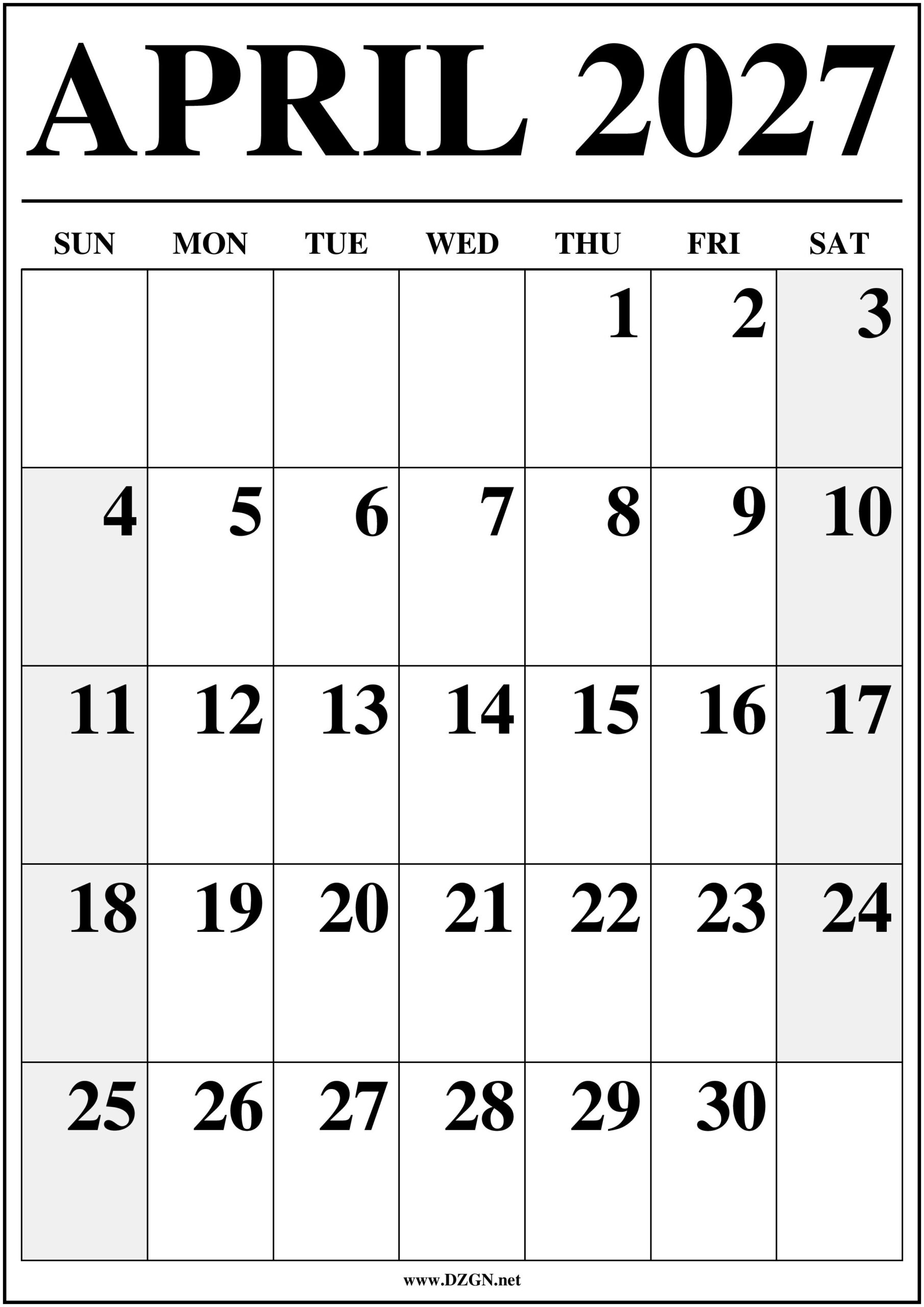 April 2027 Calendar with Holidays
