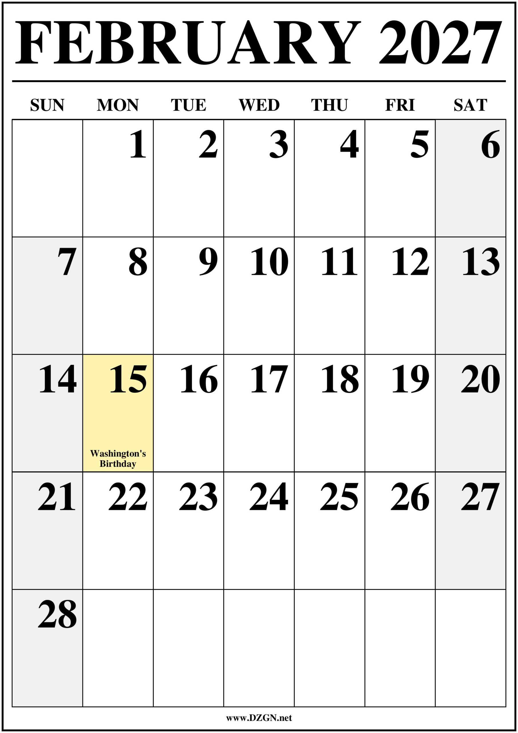 February 2027 Calendar with Holidays