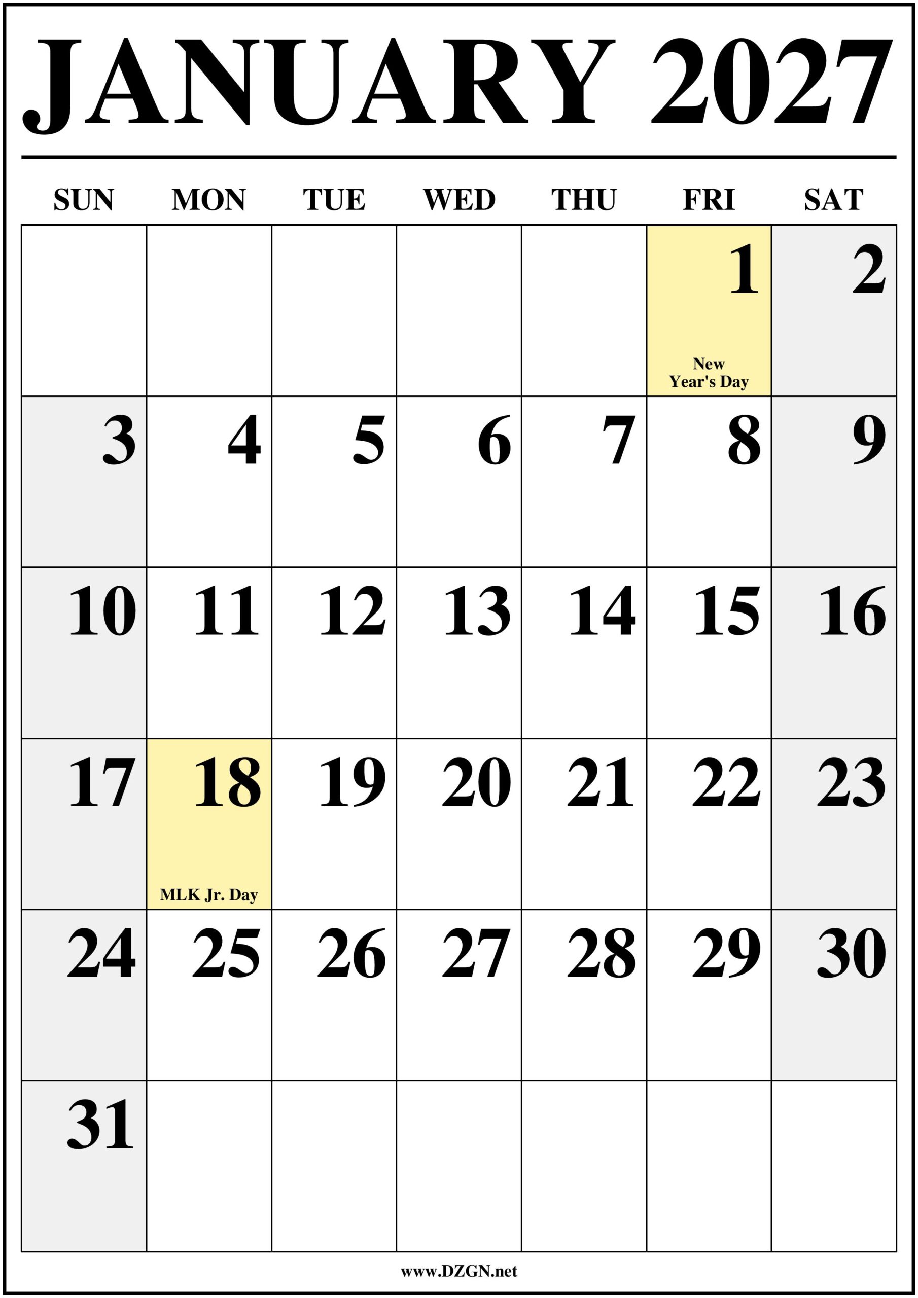 January 2027 Calendar with Holidays