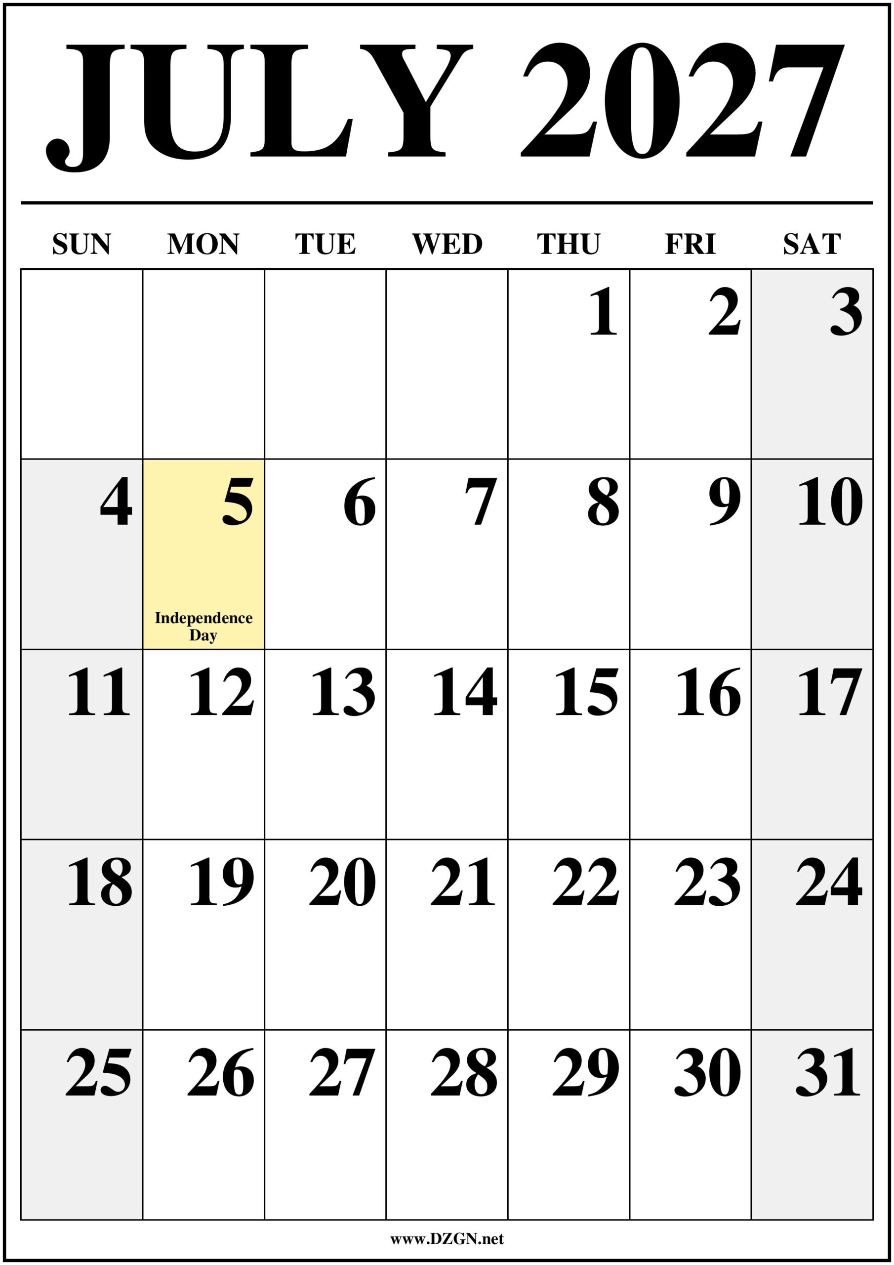 July 2027 Calendar with Holidays