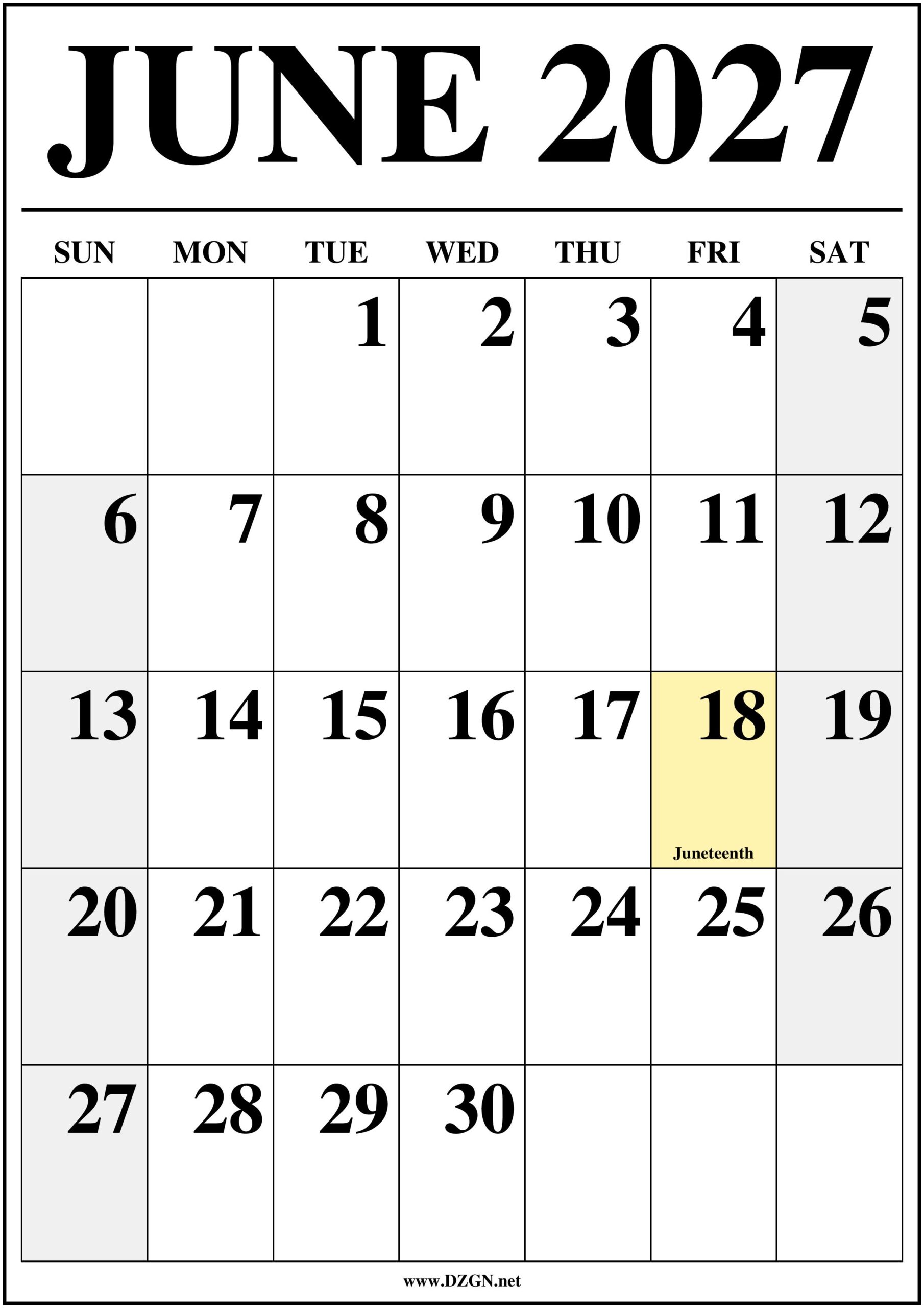 June 2027 Calendar with Holidays