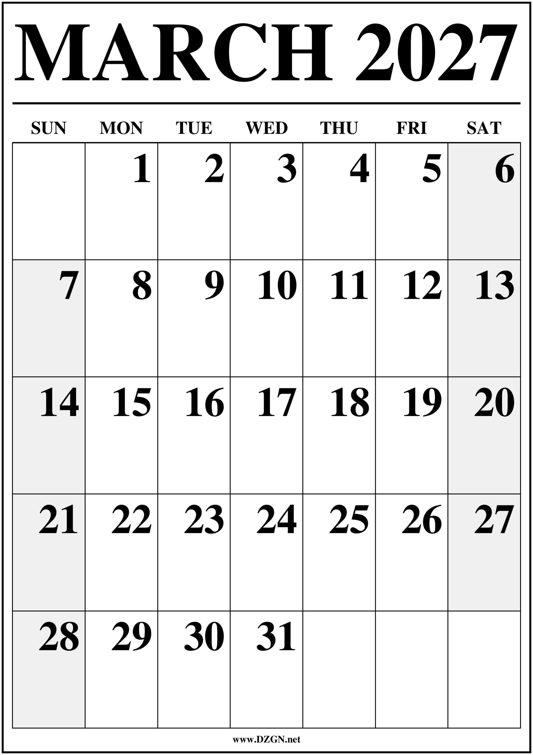 March 2027 Calendar with Holidays