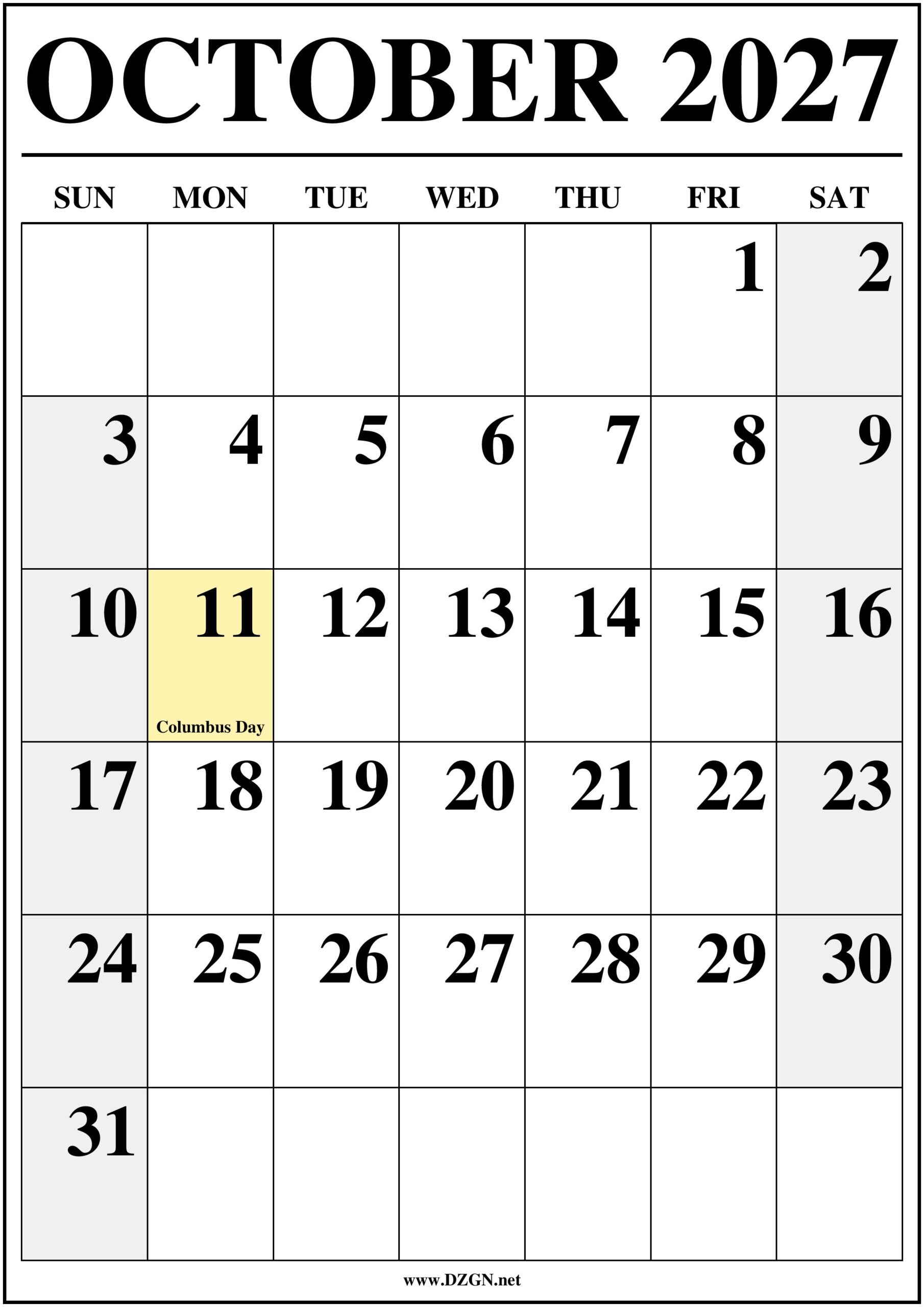 October 2027 Calendar with Holidays
