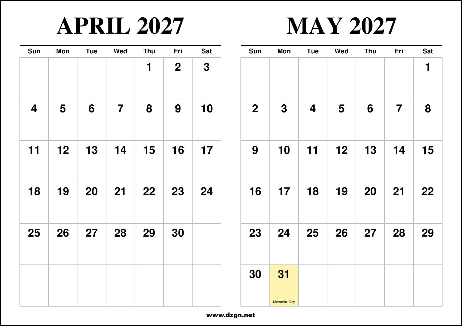 April and May 2027 Calendar 2 Months