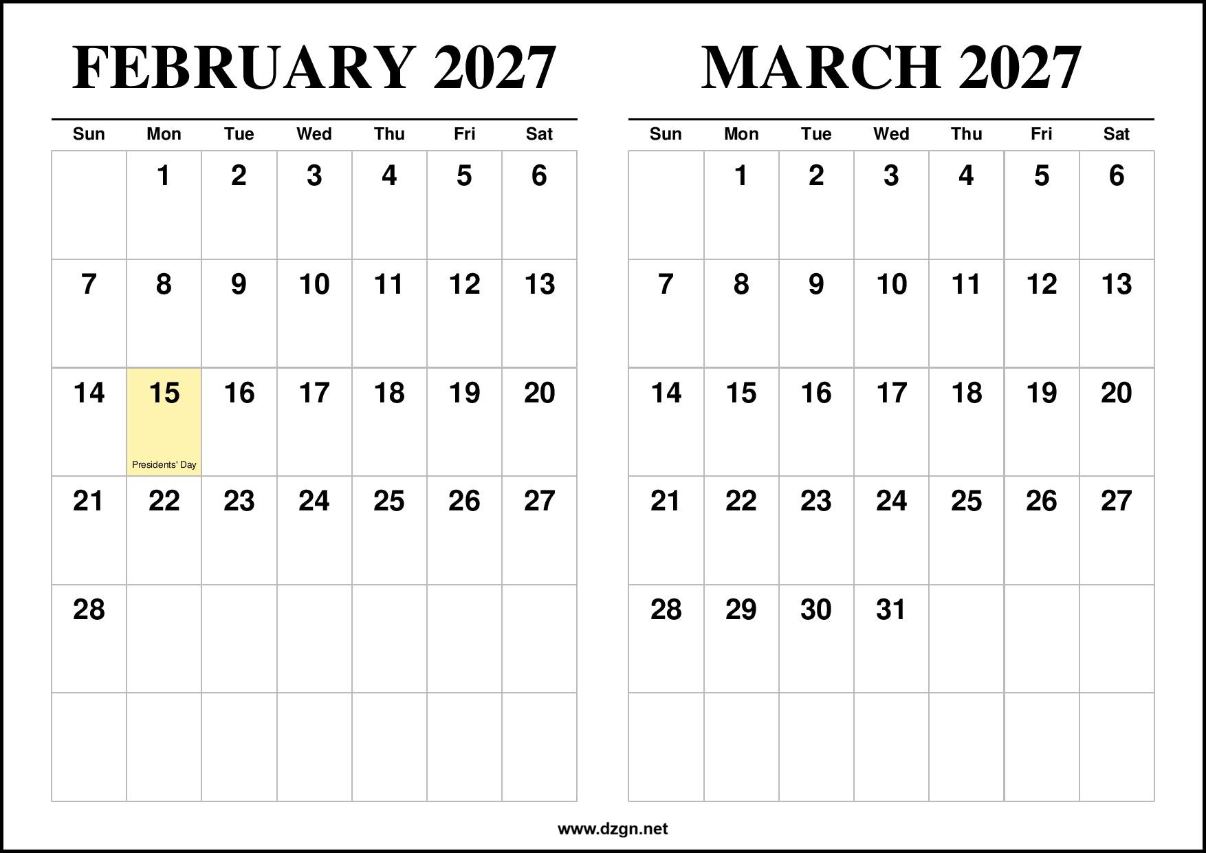 February and March 2027 Calendar 2 Months