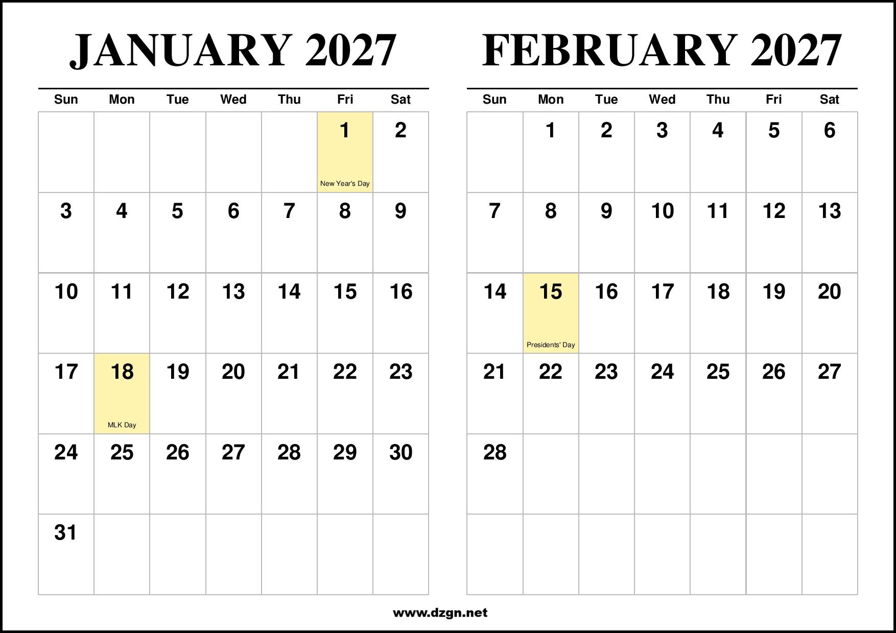January and February 2027 Calendar 2 Months