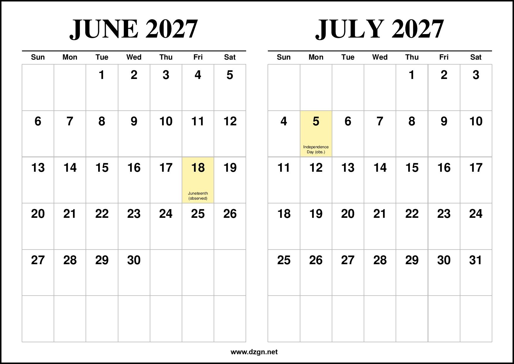 June and July 2027 Calendar 2 Months