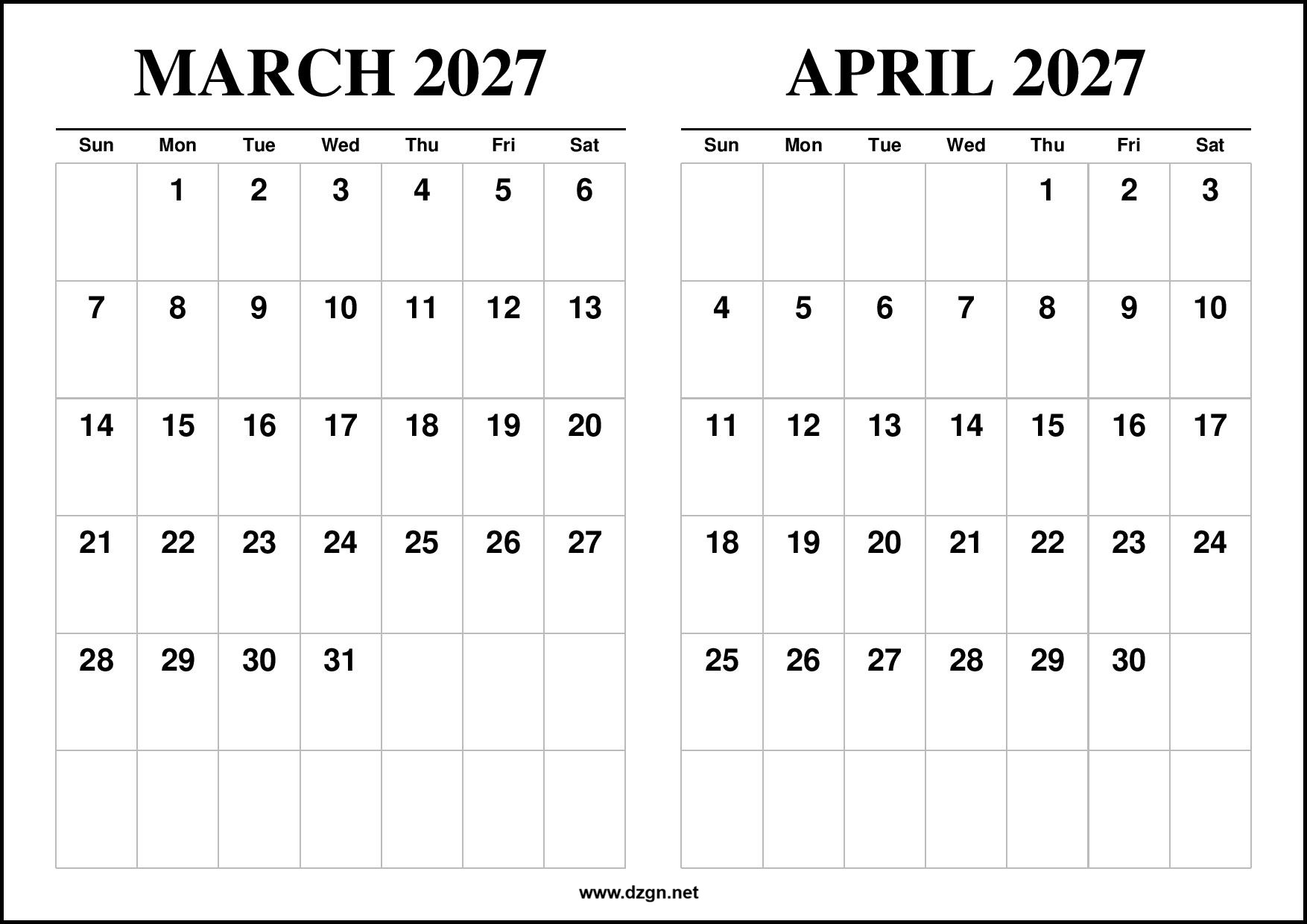 March and April 2027 Calendar 2 Months