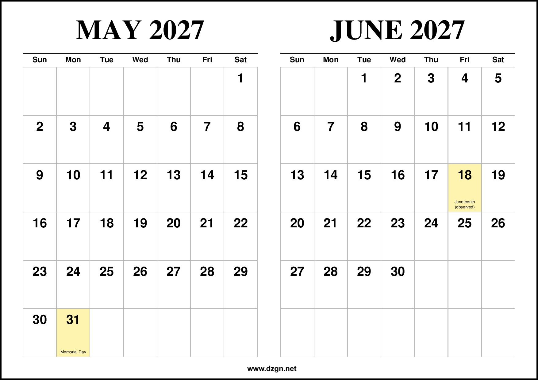 May and June 2027 Calendar 2 Months